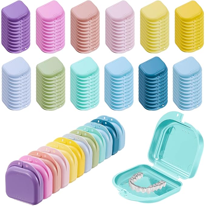 Sherr 120 Pcs Dental Retainer Cases Bulk with Holes 12 Pastel Colors Denture Case Mouth Guard Holder False Teeth Container Multicolored Retainer Holder for Travel Office Home