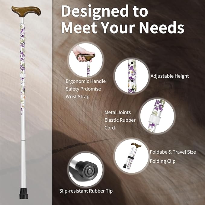 Stylish Foldable Walking Cane - Pattern Printed, Adjustable, for Men and Women Stability and Balance, Light Weight, for 5'~6' Height
