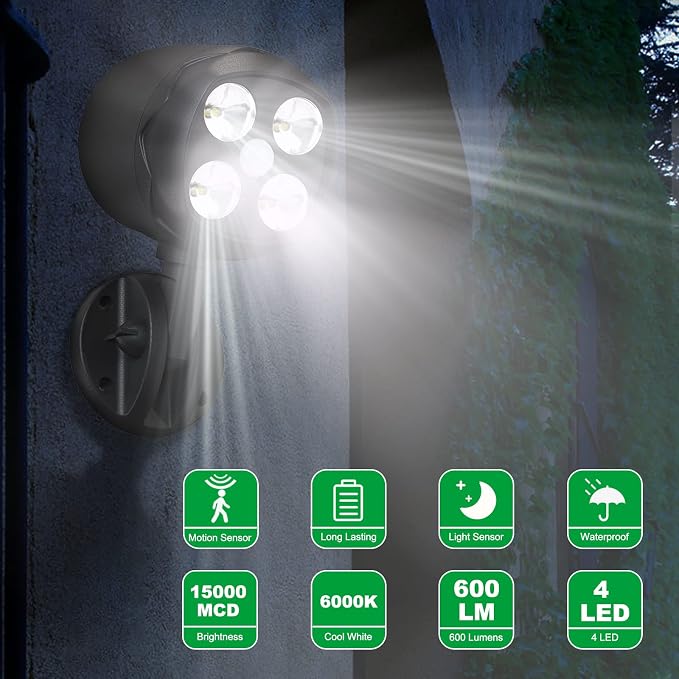 Motion Sensor Outdoor Lights, Battery Operated Outdoor Light, 600LM Motion Detector Lights for Outside, 6000K LED Security Light Battery Powered Spotlight for House Wall, Black(2 Pack)