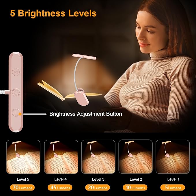 Gritin Rechargeable Book Light for Reading in Bed with 19 LED | Eye Caring 3 Color Temps, 5 Brightness Levels, Memory Function, 90 Hrs Runtime Flexible Goose Neck Clip on Light-Pink