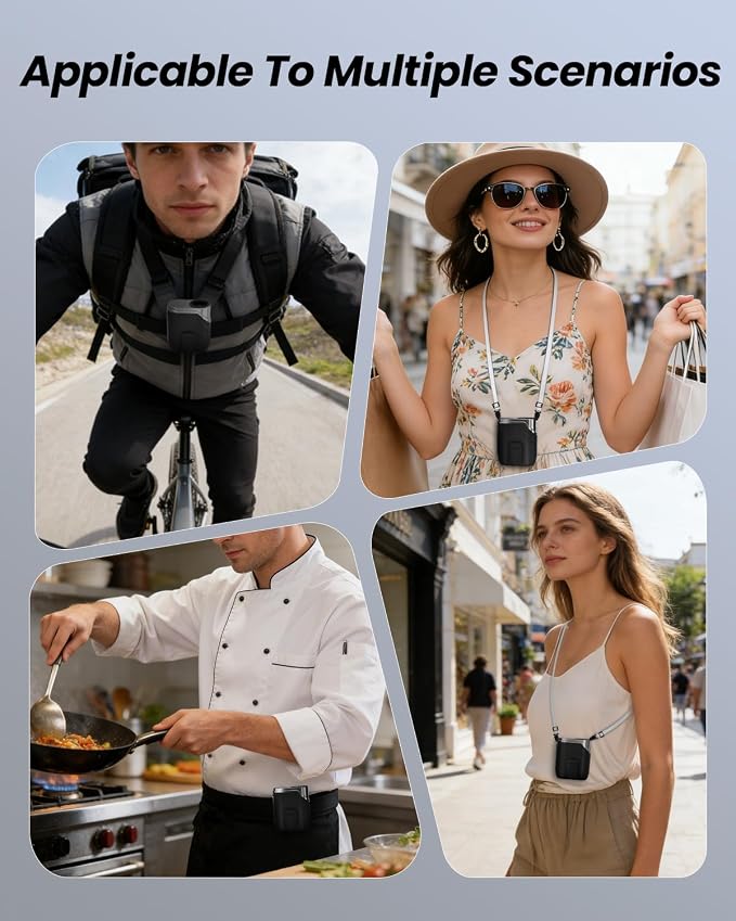 SWEETFULL Portable Fan Rechargeable - 5-oz Mini Hands-Free Personal Fans for Neck Waist, 100 Speed Turbo Airflow, Wearable Clip on Shirt Belt Fan for Body with LED Light, Travel Work Outdoor (Black)