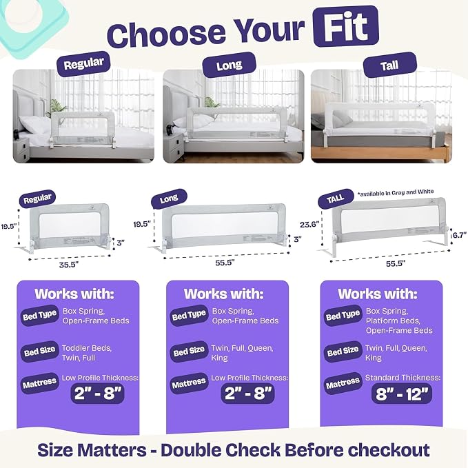 ComfyBumpy 2-Pack Bed Rail for Toddlers 35.5" L x 19.5" H | Toddler Bed Rails for Twin, Full & Toddler Mattress Size | Swing Down Rail Guard | Mattress Side Rail for Kids | Gray