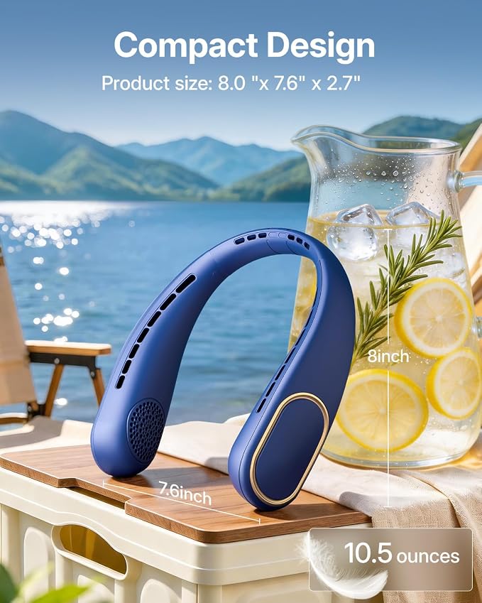 SHEWIND Portable Neck Fan - Hands Free Personal Fan, Rechargeable Bladeless Fan with 5000mAh-Battery, Digital Display, 4 Speeds, Birthday Gifts for Men, Women, Mom, and Dad - Blue