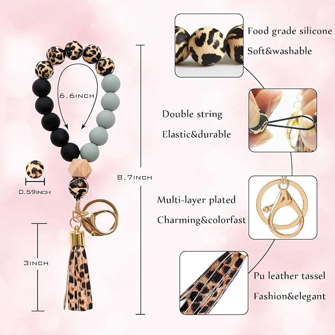 BAOSIWA Silicone Key Ring Bracelet Wristlet Keychain Unique Beaded Bangle Key Chains for Women with Leather Tassel