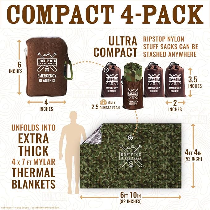 Don't Die In The Woods - World’s Toughest Emergency Blankets [4-Pack] Extra Thick Thermal Mylar Space Blanket - One of The Ten Essentials Outdoor Survival Gear for Hiking Camping First Aid Kit (Camo)