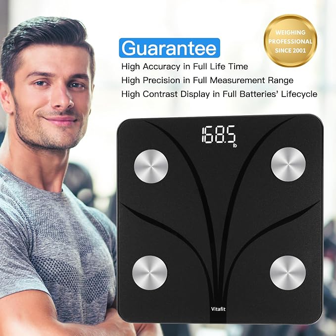 Vitafit FSA&HSA Smart Weight Scale, Accuracy 0.1lb by Our Professional Scale Factory Since 200, Bathroom Scale for Body Weight App Sync 13 Body Composition with BMI, Body Fat and Muscle, 400lb, Black