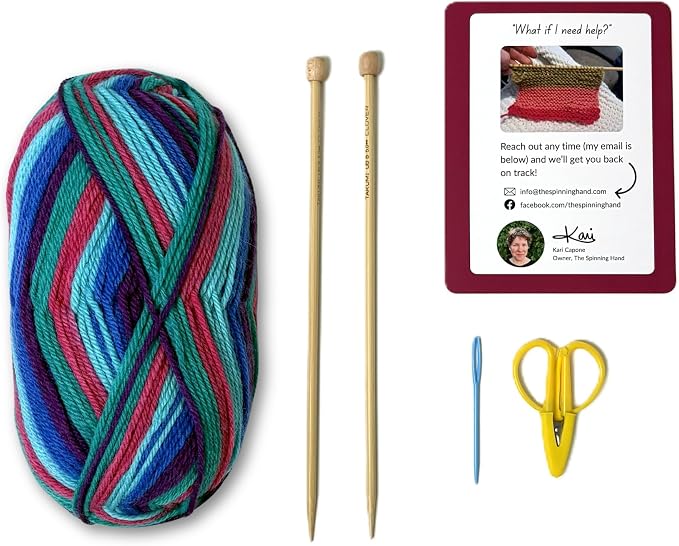 The Spinning Hand Knitting Kit for Beginners Adults – Educator-Designed, Self-Striping Wool Yarn, Bamboo Needles & Video Tutorials (Tie Dye)