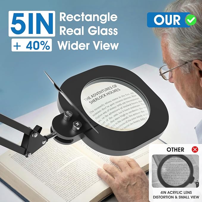 LIONVISON Magnifying Glass with Light and Stand: 27 Inch Extra Long Arm | 10X Magnifying Lamp - Stepless Dimmable & Color Temperature LED Lighted Magnifier Clamp Magnifier for Reading Close Work
