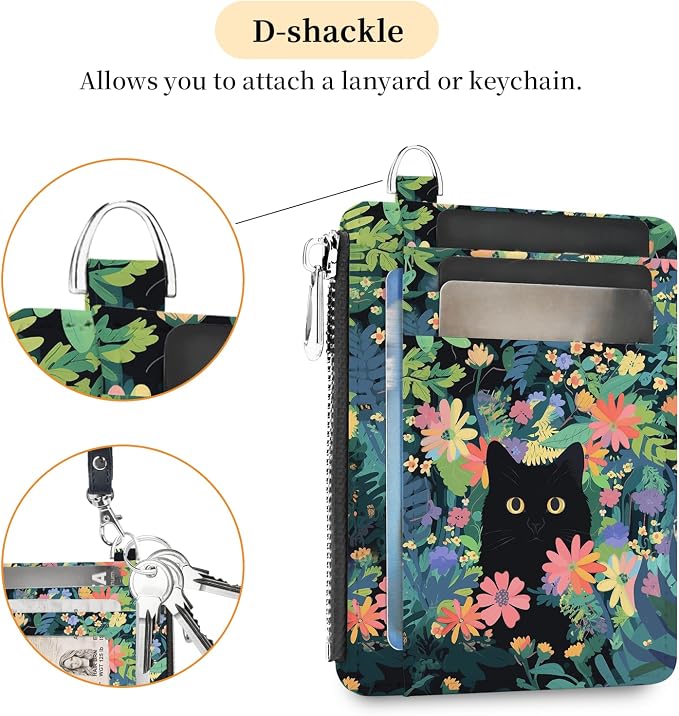 Hancynir Black Cat Slim Wallet Women Credit Card Holder, Cute Small RFID | Zipper Pocket Wallet, Thin Travel Coin Purse, PU Leather, Minimalist Card Case, 6 Card Slots, ID Window, Ladies Women Gifts