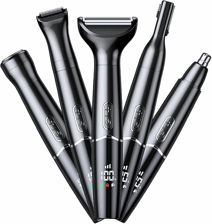5-in-1 Nose Hair Trimmer for Men, USB-C Rechargeable Painless Eyebrow & Facial Trimmer, IPX7 Waterproof Electric Grooming Kit, LED Display with 5 Blade Heads, Classic Black
