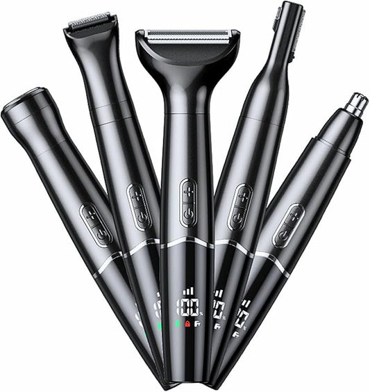5-in-1 Nose Hair Trimmer for Men, USB-C Rechargeable Painless Eyebrow & Facial Trimmer, IPX7 Waterproof Electric Grooming Kit, LED Display with 5 Blade Heads, Classic Black