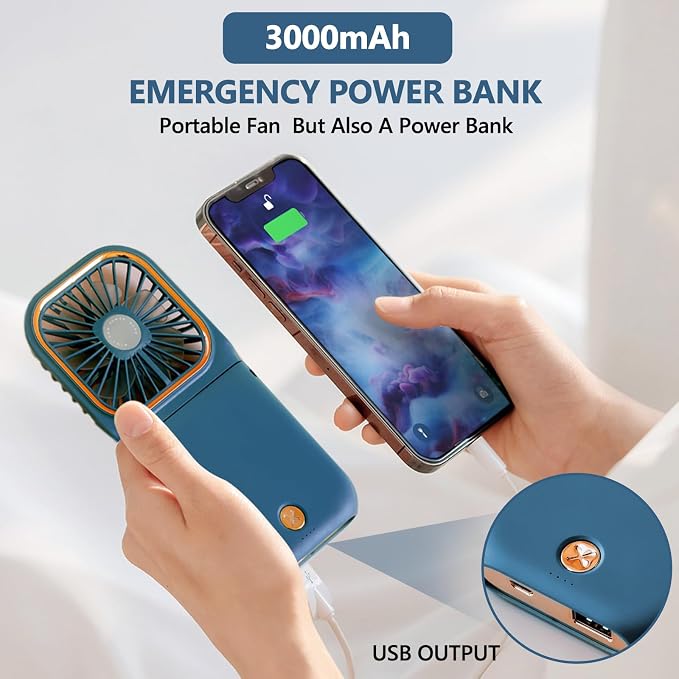Portable Handheld Fan with Phone Holder, 3000mAh Power Supply Rechargeable Neck Fan with USB Output, Foldable Small Fan 0-180° Adjustable, Ultra Quiet Personal Cooling Fan for Travel Office Home