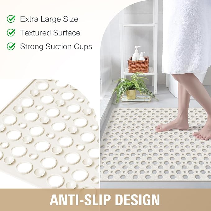 OTHWAY Large Shower Mat, 35"x 24" TPE Anti Slip Shower Mat, Heavy Bath Mats for Shower with Drain Holes Suction Cups, Shower Stall Mat for Bathroom, No Odor Shower Grip Mat for Elderly Kids(W-White)