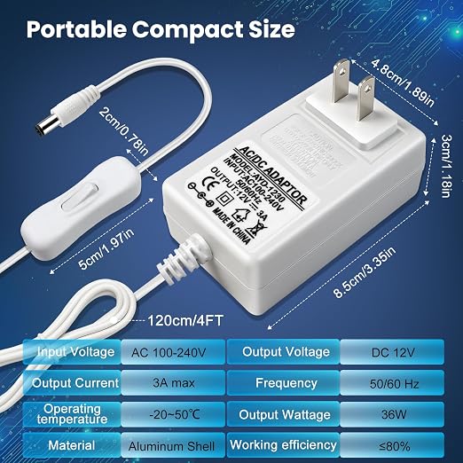 12V 3A Power Supply, 36W 12 Volt DC Power Adapter with On/Off Switch, 110V AC to 12V Wall Plug Transformer for LED Strip Lights with 5.5/2.1mm DC Female Connector, White