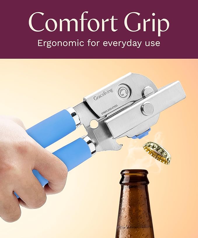 Heavy Duty Manual Can Opener with Magnetic Lid Lifter, Blue | Premium Stainless Steel Body, Sharp Cutting Blade, Oversized Easy-Turn Knob, Soft-Touch Handle, Bottle Opener, Kitchen Use