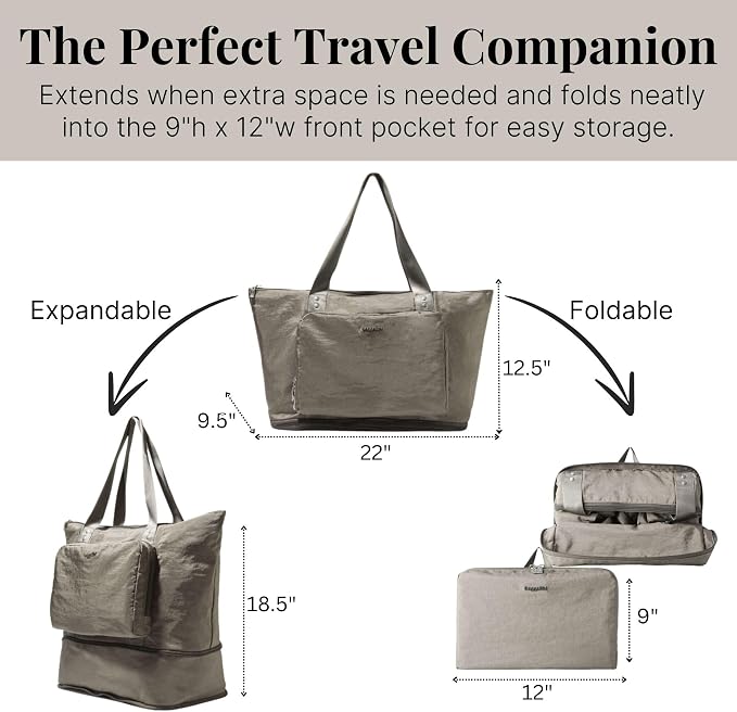 Baggallini Carryall Expandable Lightweight Travel Tote 22" Packable Folding Compact Nylon Washable Weekender w/Luggage Sleeve