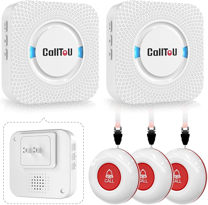 CallToU Caregiver Pager Wireless Call Button Nurse Alert System 500+ Feet for Home/Elderly/Patient/Disabled 2 Plugin Receivers 3 Waterproof Transmitters