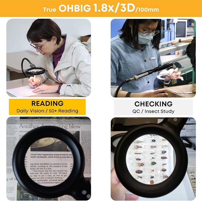 HWATANG OHBIG x MADWORKS 1.8x/3D/100mm Dimming Toning LED Magnifying Glass - K9 White Glass, Model Assembly, Soldering, Ra 94 Ring Light, 50+ Seniors Reading Magnifier (w/Desk Clamp Kit)