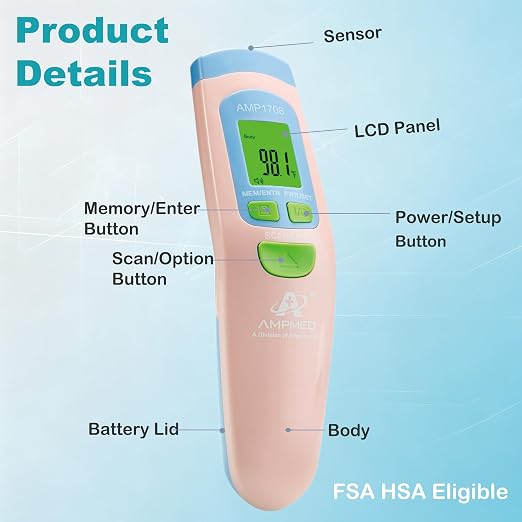 Medical Grade Non-Contact Forehead Thermometer, Pink | With Case, Adults, Kids & Infants, No-Touch, Temporal Fever Thermometer