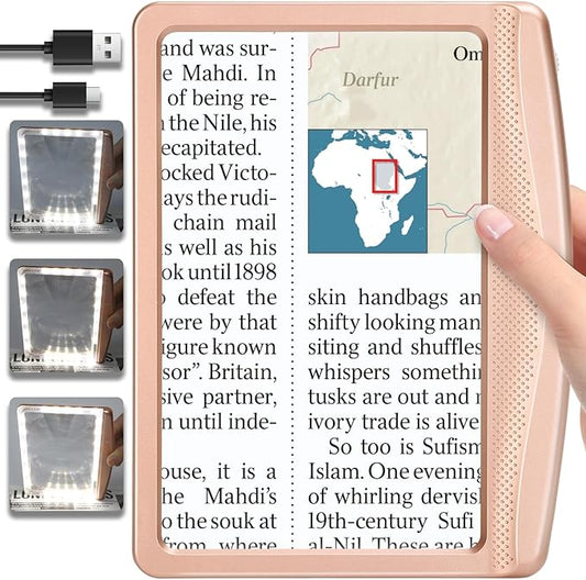 5X Rechargeable Magnifying Glass with Light, Large Bright LED Lighted Full Page Magnifier, Lightweight Rectangular Handheld Magnifier with Light for Reading Small Prints for Senior, Rose Gold