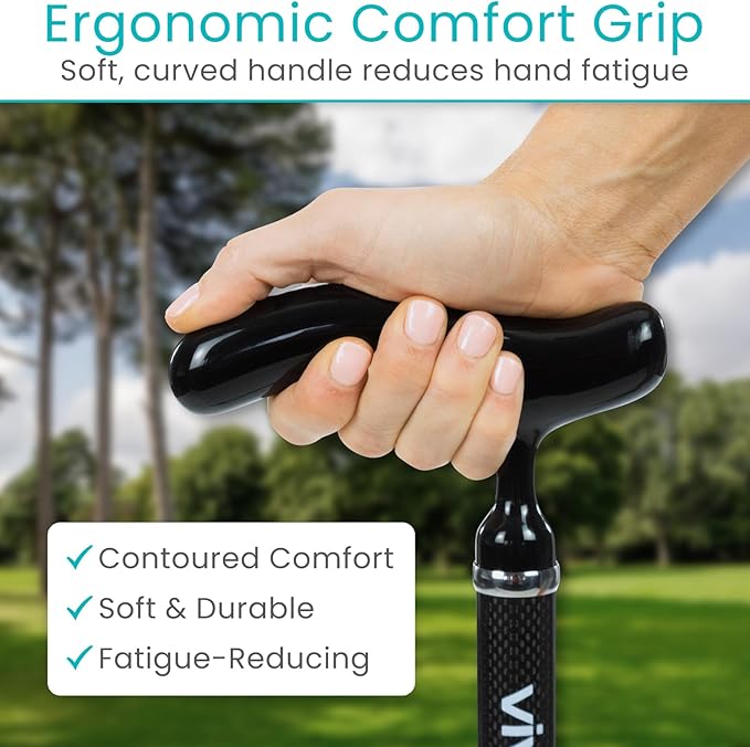 Vive Ultra-Lightweight Quad Cane - Carbon Fiber Walking Stick for Men & Women - Adjustable Ergonomic Grip Handle - Nonslip 4 Prong Rubber Tips for Right, Left Stability Support - Mobility Travel Aid