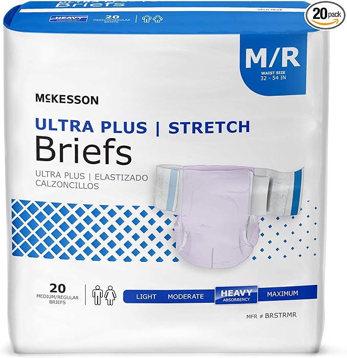 McKesson Ultra Plus Stretch Briefs, [20 Count], M/R, 32-54 in. Incontinence Adult Diapers, Heavy Absorbency, Unisex, Disposable, Elastic Leg Gathers and Contoured Fit for Men and Women