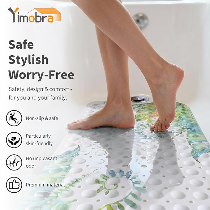 Yimobra Non Slip Bathtub Mat 40 x 16 Inch, Extra Long Shower Mat with Drain Holes, Machine Washable Baby Bath Mats, Strong Suction Cups for Bathroom Floor, Monstera