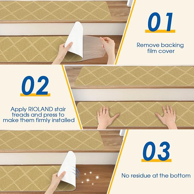 RIOLAND Stair Treads Carpet Non-Slip Indoor 15 PCS Wood Stair Treads Rugs Anti Moving Modern Stair Runners Safety for Kids Dogs, 8" X 30", Diamond Beige