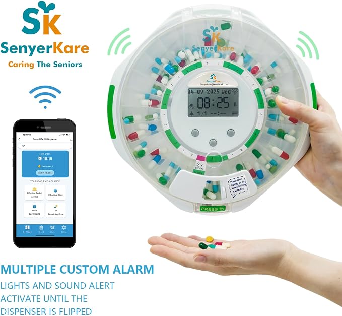 WiFi Automatic Pill Dispenser with App Remote Monitoring | Tracks Adherence History, App/Sound/Light Alerts, LCD Display, 28-Day Locking Medication Organizer for Seniors, Caregivers