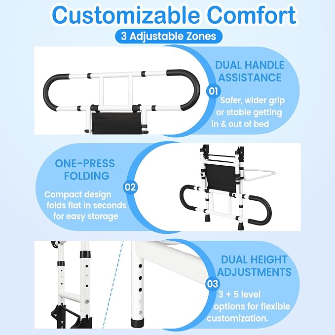 Bed Rails for Elderly Adults Safety, Bed Cane for Seniors, 300 Lbs | Adjustable Height Grab Bar Handrails with 2 Ergonomic Handles & Storage Pocket, 180° Foldable Bed Rails for Seniors