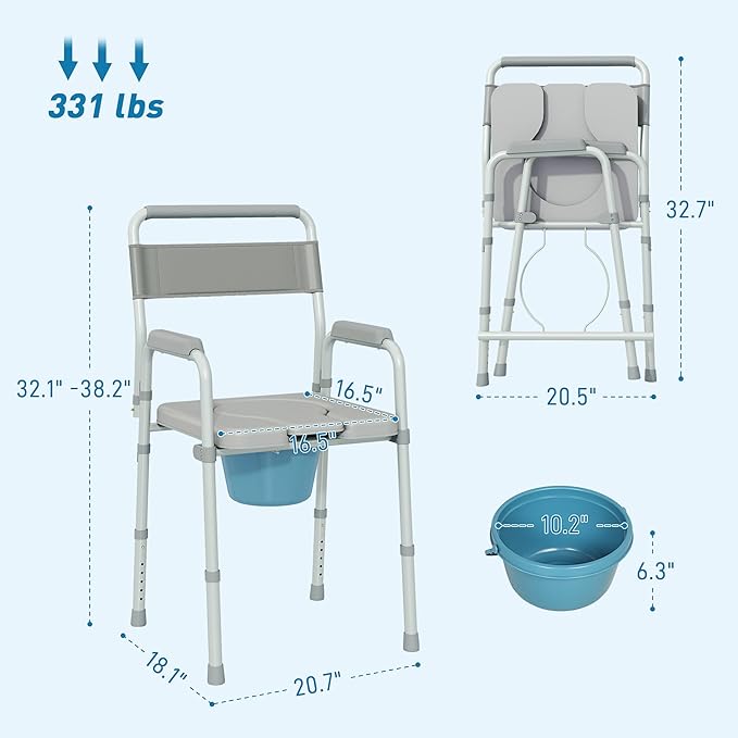HOMCOM 4 in 1 Bedside Commode Shower Chair Portable Toilet Raised Toilet Seat with Handle for Seniors, Adults, Handicap, Adjustable Height, Gray
