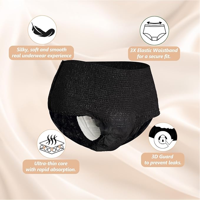 MOLLIS Disposable Period Underwear, Postpartum Panties, L/XL, Black, 8Ct | Heavy Flow Period Underwear, Superior Absorbency, Leak Proof Design, Maternity Knickers, Soft Comfort Fit, Unscented
