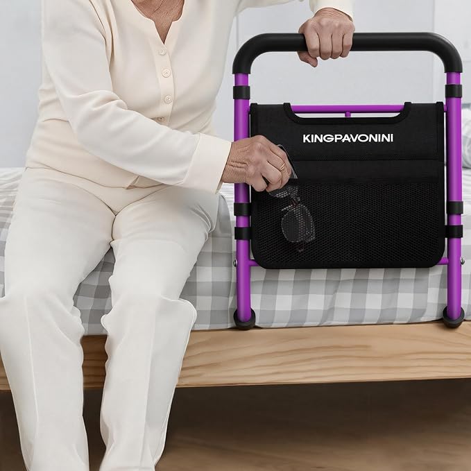 KingPavonini Bed Rails for Elderly Adults Safety, 380 LBS, Model BM03-1 | ASTM Approved, 2026 Upgraded Adjustable Bed Cane, Non-Slip Ergonomic Handle & Storage Bag, Tool-Free Bed Railings for Seniors
