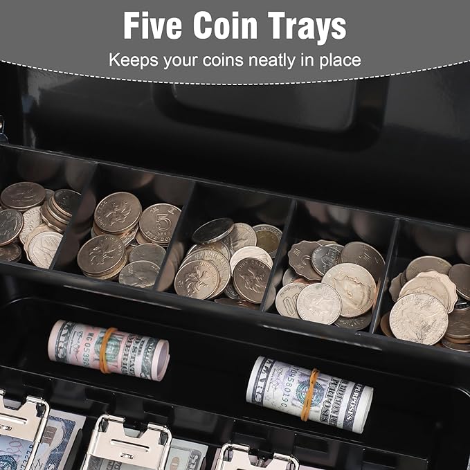KYODOLED Cash Box with Top Key Lock–0.7mm Metal Money Box for Flea Market Vendors, Craft Fairs & Small Business, Portable Cash Drawer with Auto-Pop Coin Tray & Windproof Bill Clips (11.8", Black)