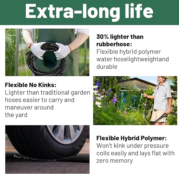 Beitopamz 150 ft Garden Hose, 5/8 in Heavy Duty Water Hose, Flexible and Durable, Lightweight Rubber Hybrid Hose, Leak-Free Connections, Male to Female 3/4'' Brass Fittings for Patio, Lawn, Black