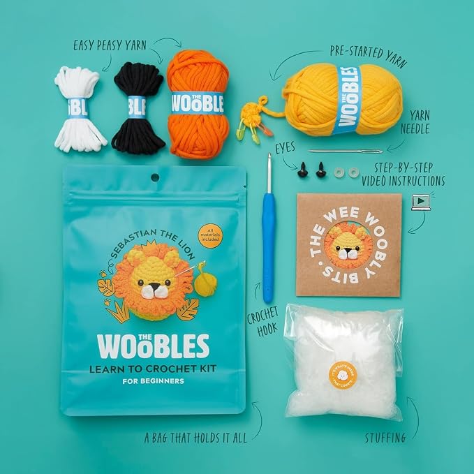 The Woobles Amigurumi Crochet Kit for Beginners (Sebastian the Lion) | As seen on Shark Tank, Kit includes: Easy Peasy Yarn, pre-started piece, hook, safety eyes, stuffing, video tutorials