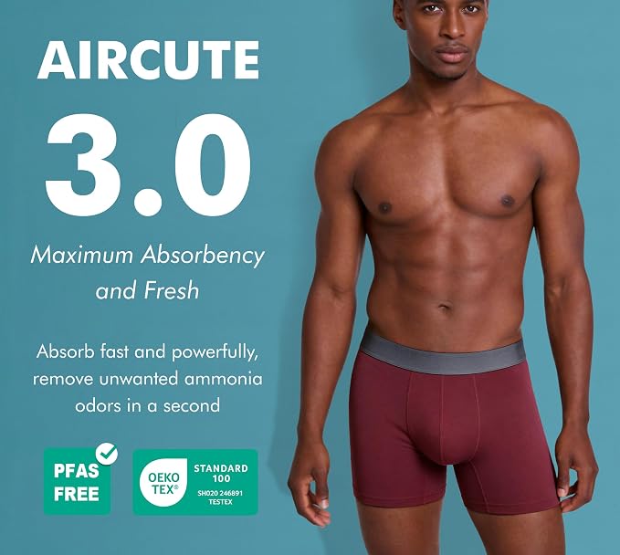 AIRCUTE Washable Absorbency Incontinence Underwear for Men, 6" Inseam Urinary Protective Boxer Briefs for Bladder Leaks 60ML (Medium, Red)