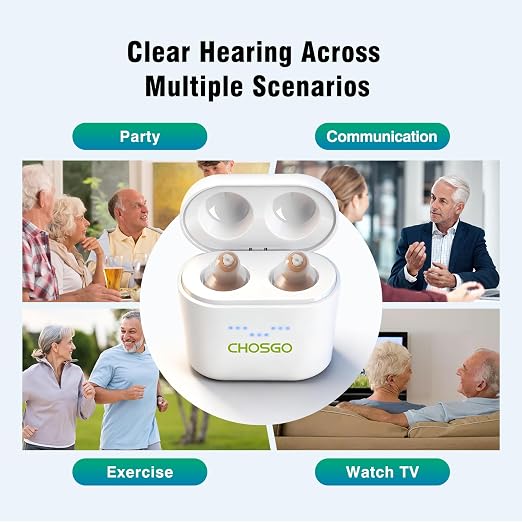 Rechargeable Hearing Aids for Seniors, Comfortable & Discreet CIC Design Hearing Amplifier, 12-Channel Digital with Noise Cancellation, Beige
