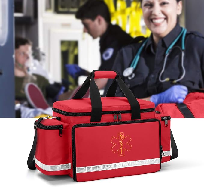 Trunab Trauma Bag with Dividers, EMT First Aid Pouch Medical Bag Empty,Red | No-Scratch Bottom, Ideal for EMS/Paramedics, Empty Bag for Customizable Layout