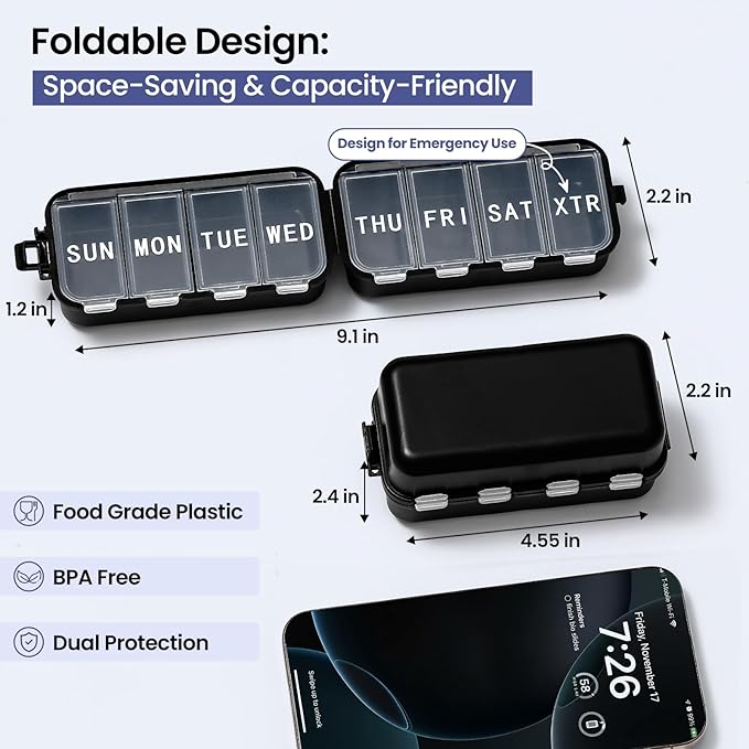 NEW Foldable Weekly Pill Organizer Large,Portable Pill Box 7 Day 1 Time a Day,8 Grids with Excess Space for Emergency Use,Daily Travel Pill Case Holder Dispenser for Vitamin, Supplement- Black