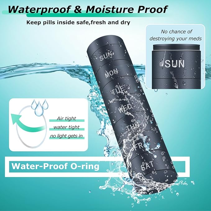 Aluminium Travel Pill Organizer,Weekly Metal Pill Case,Pill Holder, Moisture Proof Waterproof Daily Pill Box 7 Day, Large Pill Container to Hold Vitamins,Medication,Supplements 【Navy Blue Knurling】