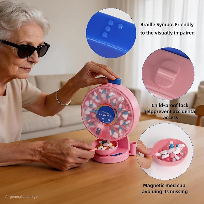 Pink Pill Organizer with No-Flip Design for Women to Take Daily Vitamins | One-Touch Button Pill Container with Med Cup & Tweezers for Medicine Hygienic, Free-Standing or Wall-Mounted for Medicine
