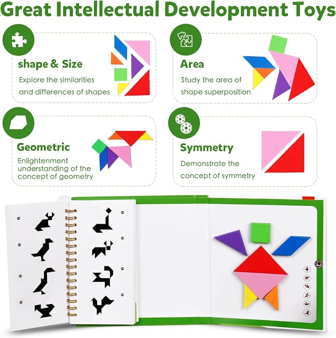 Travel Tangram Puzzle Magnetic Puzzle Book Game Road Trip Game Jigsaw Shapes Dissection STEM Games with Solution IQ Educational Toy for Kid Adult Challenge Brain Teasers 368 Patterns(2Pcs Tangrams)