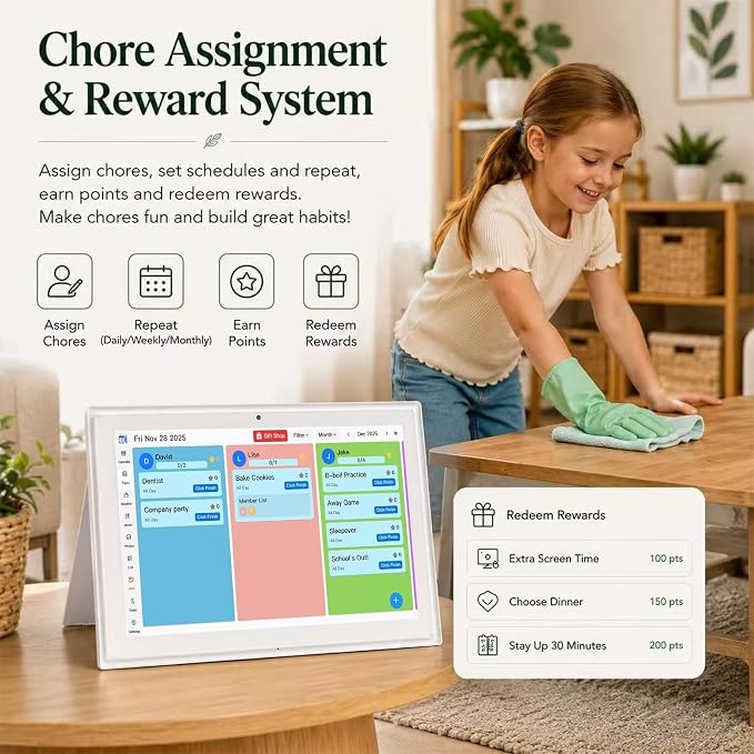 10.1" Digital Wall Planner Alternative, Smart Touchscreen Family Calendar, Auto-Sync with iCloud/Google/Outlook, Chore Chart, Meal Planner for Desk or Shelf Use