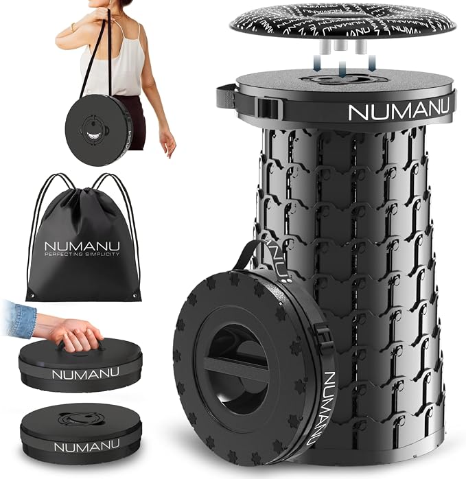 NUMANU XXL Cushioned Collapsible Stool for Adults, Folding Seat, 1000 lbs | Heavy-duty big & tall stool, telescoping 2.7-19.7in adjustable, 360 swivel pad + waterproof bag; travel, sports, camping