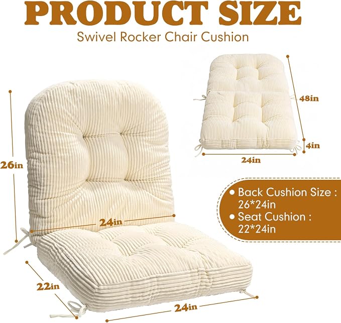 Swivel Rocking Chair Cushion, 48"x24"x6" Egg Chair Cushions with Corduroy Cover for Indoor/Outdoor Use,Waterproof and Fade-Resistant(Milk White)