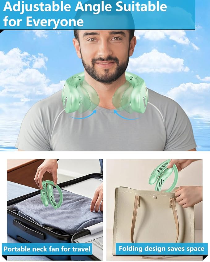 Neck Fan that Blows Cold Air with Water Mist, Portable USB Rechargeable Neck Cooler, Collapsible Ventilador de Agua de Aire Frio, Bladless Wearable Hand-Free AC Unit for Outdoor Travel Sports, Green