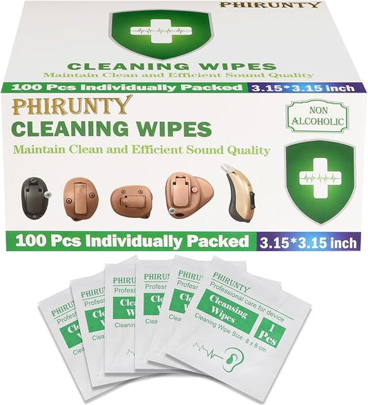 100 Count Hearing Aids Cleaning Wipes Individually Packaged, Hearing Aid Audio Wipe Cleaning Tool Kit Supplies Hearing Aid Accessories, Suitable for All Hearing Aid Brand and Hearing Aid Type