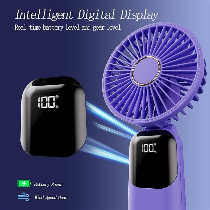 GOCKERA Portable Fan, 4200mAh Battery Operated Fan, 5 Speeds&Digital Display, Makeup Fans for Women with Base, 180°Foldable 3in1 Handheld/Neck/Desk Fan for Outdoor Indoor,Ultra Quiet (Purple)