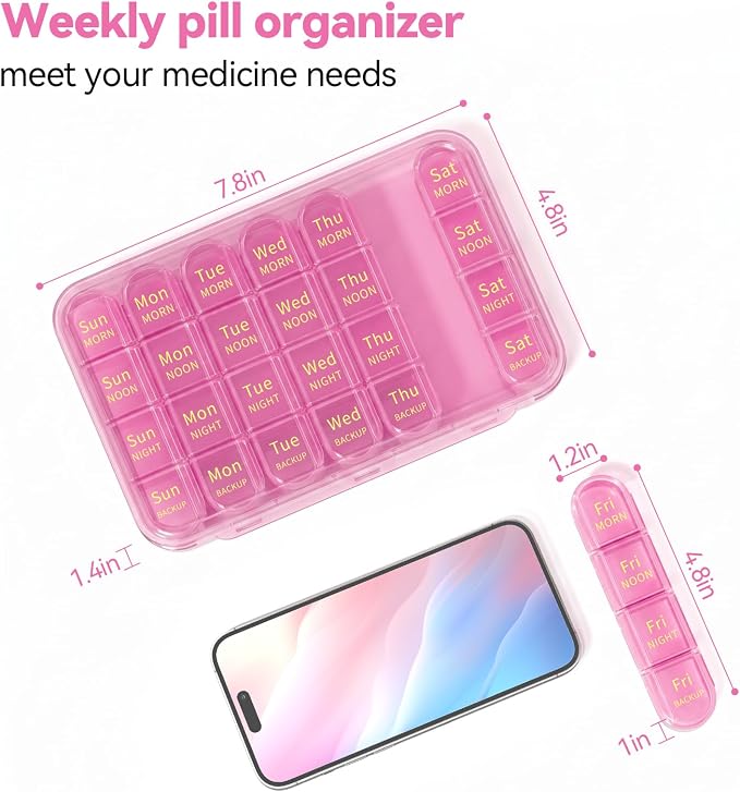 Zoksi Pill Organizer 4 Times a Day, 7 Day Pill Box with Removable Daily Cases, Large Medicine Organizer for Pills, Vitamins and Supplements, Easy Open 180 Degree Lids, Travel Pill Case